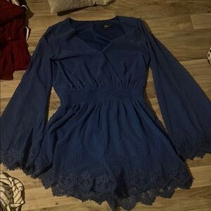 Blue Lace Hem Long Sleeve Dress